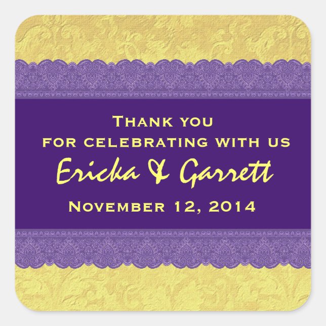 Adesivo Quadrado Damasco púrpura e amarelo Obrigado Casamento R322 (Frente)