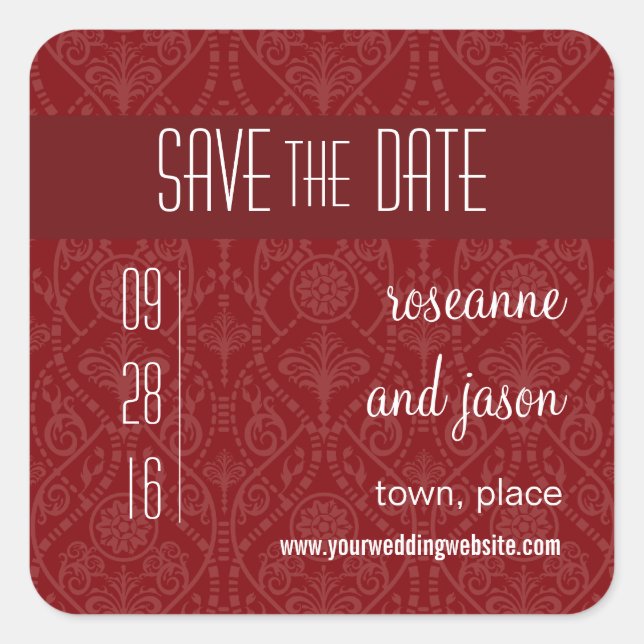 Adesivo Quadrado Damask Art Deco Save the Date Sticker (Frente)