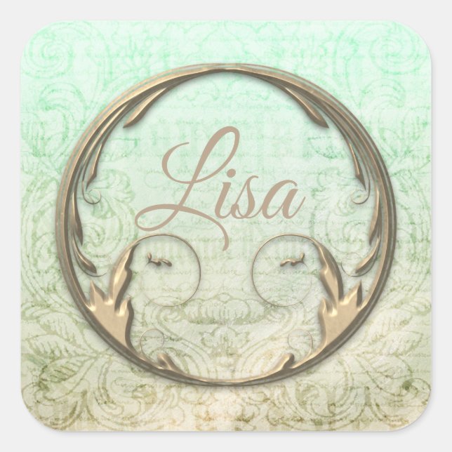 Adesivo Quadrado Damask victorian script gold elegant (Frente)