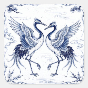 Adesivo Quadrado Dança de Grou Estilo Imari Japonês Azul e Branco
