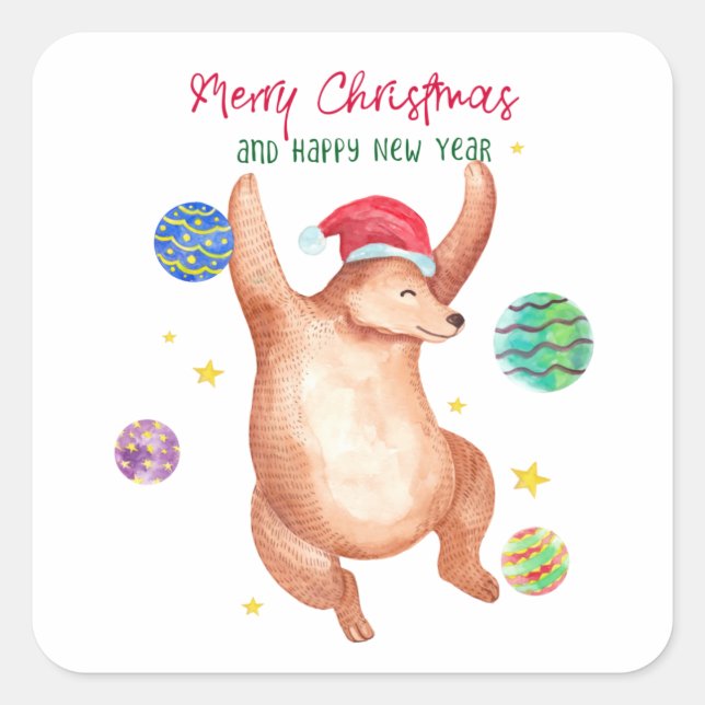 Adesivo Quadrado Dança De Urso De Aquarela Com Ornamento Natal (Frente)