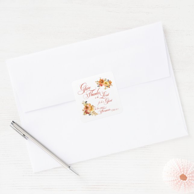 Adesivo Quadrado Dar Obrigados ao Senhor cair aquarela floral (Envelope)
