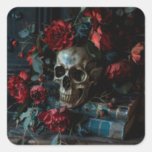 Adesivo Quadrado Dark Academia Skull Flowers