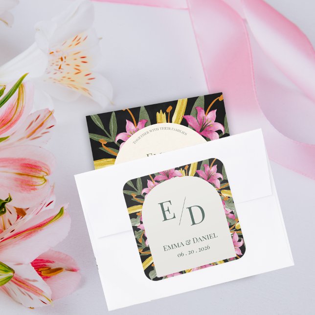 Adesivo Quadrado Dark Blush Pink Lily Wedding Envelope (Dark Blush Pink Lily Wedding Envelope Seal Sticker | Elegant Botanical Monogram Initials Label)
