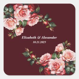 Adesivo Quadrado Dark moody pink and red roses maroon wedding