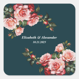 Adesivo Quadrado Dark moody pink and red roses teal wedding