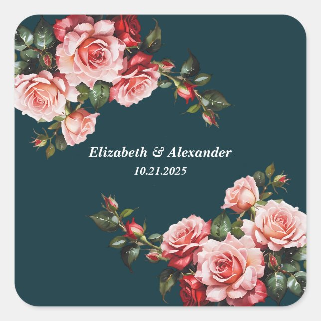 Adesivo Quadrado Dark moody pink and red roses teal wedding (Frente)