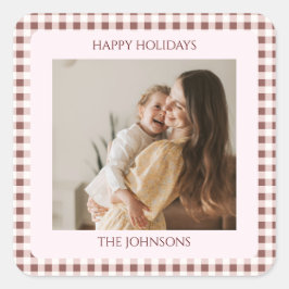 Adesivo Quadrado Dark Red Gingham Plaid Custom Photo Greeting