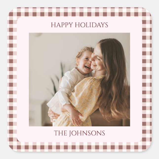 Adesivo Quadrado Dark Red Gingham Plaid Custom Photo Greeting (Frente)