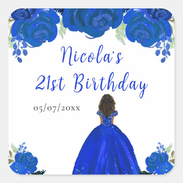 Adesivo Quadrado Dark Skin Princess Blue Floral Birthday Party (Frente)