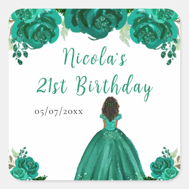 Adesivo Quadrado Dark Skin Princess Green Floral Birthday Party (Frente)