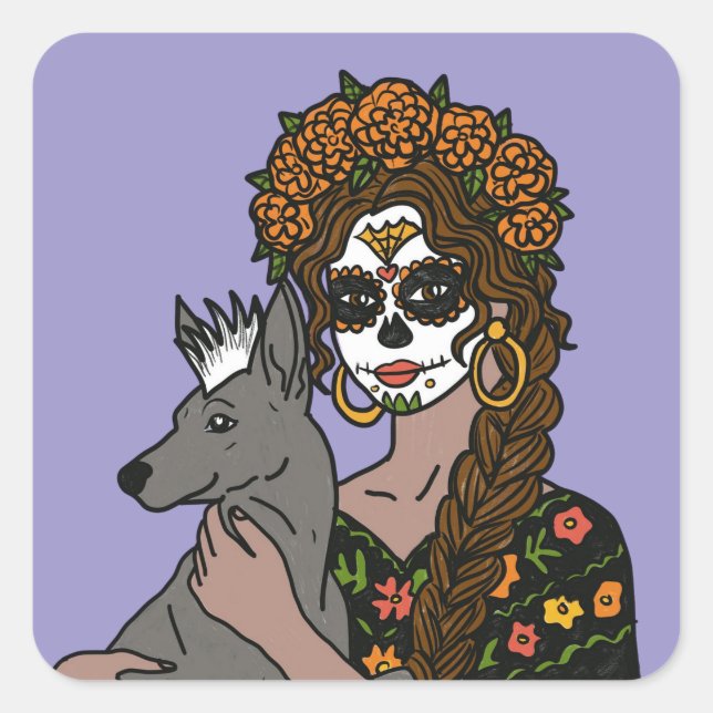 Adesivo Quadrado Day of the Dead Marigold and Xolo Dog Stickers (Frente)