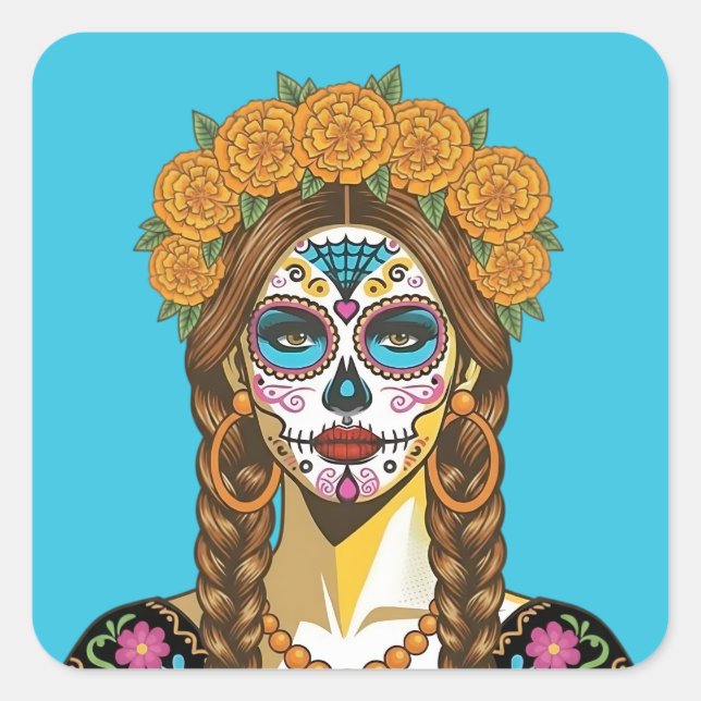 Adesivo Quadrado Day of the Dead Marigold Catrina (Frente)
