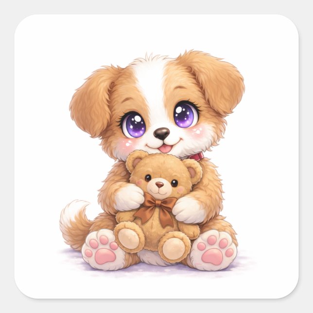 Adesivo Quadrado de Cachorrinho Fofo Segurando Urs (Frente)