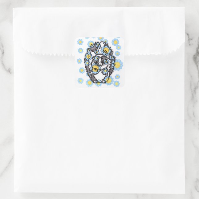Adesivo Quadrado de Gambá Fofo com Flores Azuis (Bolsa)