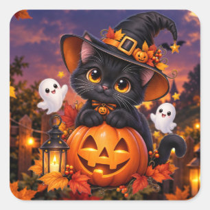 Adesivo Quadrado de Gato Preto do Halloween Fofo A
