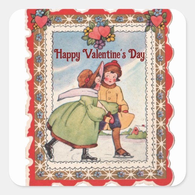 Adesivo Quadrado de Par de Patinadores Antigos (Frente)