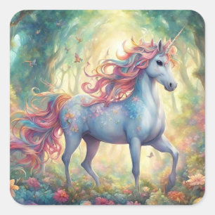 Adesivo Quadrado de Unicórnio Bela e Multicolorido