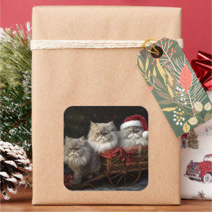 Adesivo Quadrado Decado de Natal de Gato Persa Snowy Sleigh