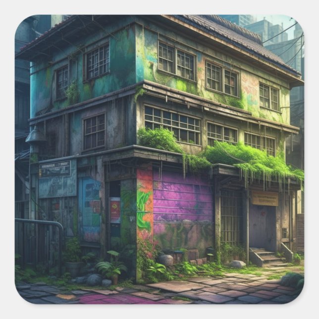Adesivo Quadrado Declive Urbano do Edifício de Grafites Roxos Aband (Frente)
