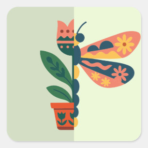 Adesivo Quadrado Decoração de borboleta colorida com elementos flor