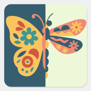 Adesivo Quadrado Decoração de borboleta colorida com elementos flor