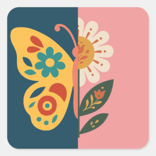 Adesivo Quadrado Decoração de borboleta colorida com elementos flor