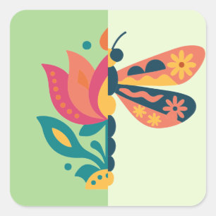 Adesivo Quadrado Decoração de borboleta colorida com elementos flor