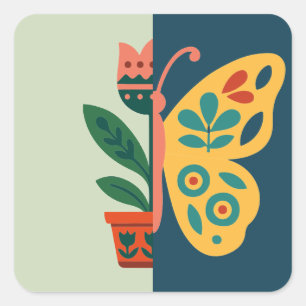 Adesivo Quadrado Decoração de borboleta colorida com elementos flor