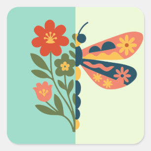 Adesivo Quadrado Decoração de borboleta colorida com elementos flor
