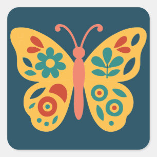 Adesivo Quadrado Decoração de borboleta colorida com elementos flor