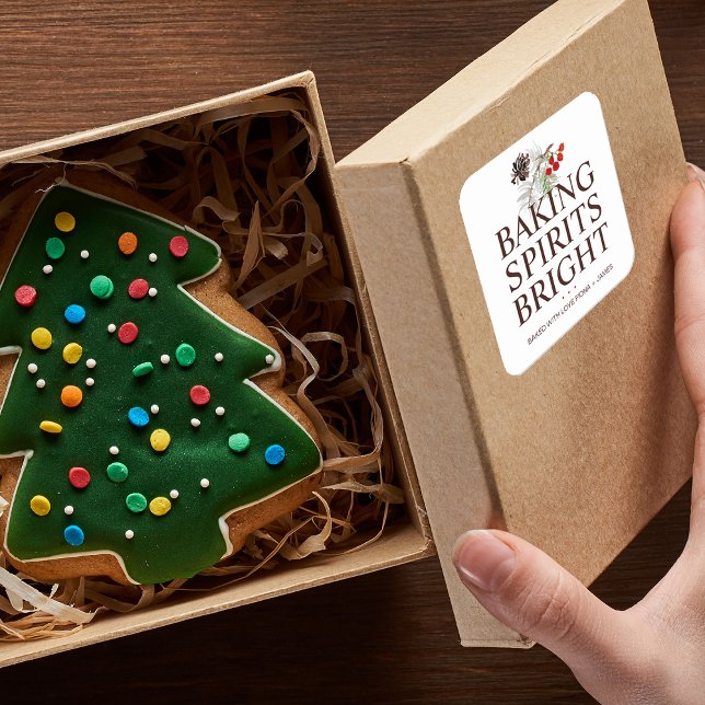 Adesivo Quadrado Decoração de Feriado Assando Espíritos Alegres (Holiday Greenery Baking Spirits Bright Square Sticker)