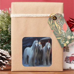 Adesivo Quadrado Decoração de Natal Afghan Hound Neve Passeio de Tr