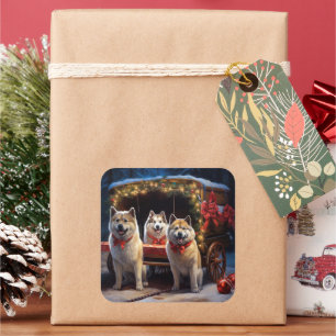 Adesivo Quadrado Decoração de Natal Akita Snowy Sleigh Ride