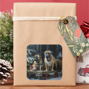 Adesivo Quadrado Decoração de Natal Bullmastiff Snowy Sleigh