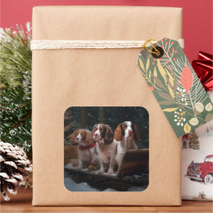 Adesivo Quadrado Decoração de Natal com Brittany Spaniel na Carruag