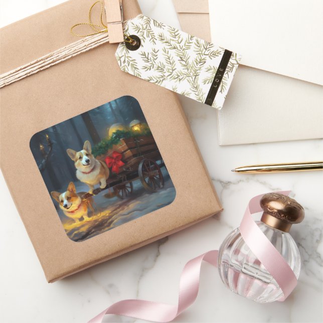 Adesivo Quadrado Decoração de Natal de Corgi Snowy Sleigh (Presentear)