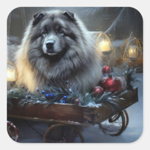 Adesivo Quadrado Decoração de Natal de Keeshond Snowy Sleigh