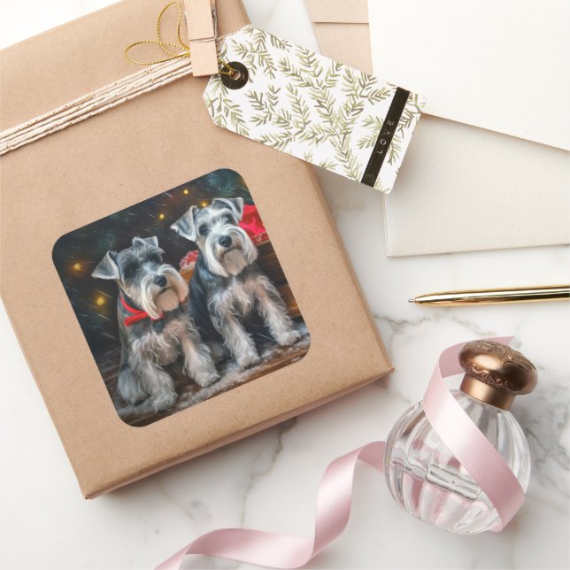 Adesivo Quadrado Decoração de Natal de Schnauzer Snowy Sleigh (Presentear)