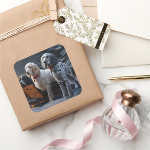 Adesivo Quadrado Decoração de Natal do Setter Inglês Snowy Sleigh