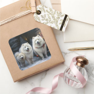 Adesivo Quadrado Decoração de Natal Trenó Nevado Samoyed