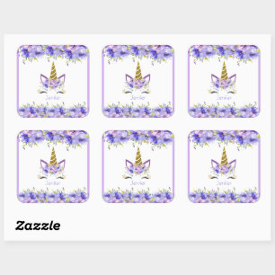 Adesivo Quadrado Decorações de Aniversário de Unicórnio Violeta Fre