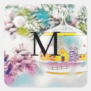 Adesivo Quadrado Decorações de Natal Antigas Ornamentos Aquarela