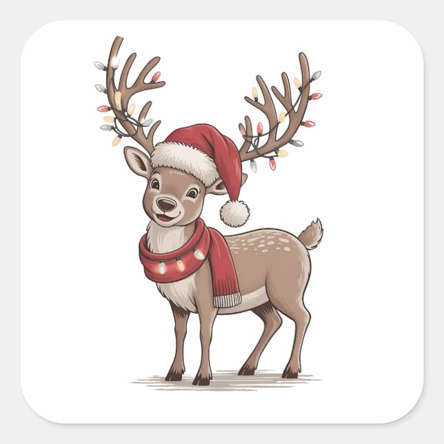 Adesivo Quadrado Deer Animal Christmas Deer Santa Hat Xmas  (Frente)