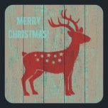 Adesivo Quadrado Deer Christmas<br><div class="desc">Reindeer sobre fundo de madeira. A inscrição pode escrever qualquer.</div>