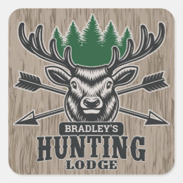 Adesivo Quadrado Deer Elk Hunter ADD NAME Arco Hunting Lodge Cabin