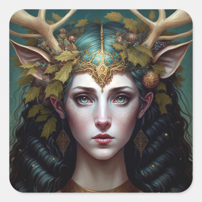 Adesivo Quadrado Deer Lady Fantasy Art Square Sticker (Frente)