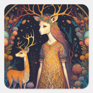 Adesivo Quadrado Deer Lady Fantasy Art Square Sticker