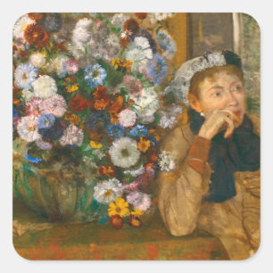 Adesivo Quadrado Degas, uma mulher sentada ao lado de uma vaso de f