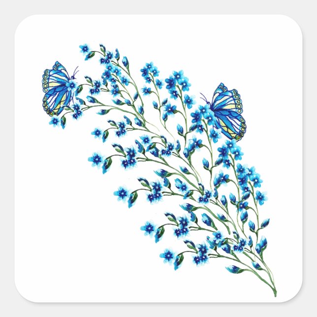 Adesivo Quadrado Delicar flores azuis com borboleta (Frente)
